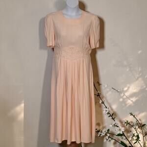 Vintage 70s 80s S.L. Fashions Peach Dress Embroidered Waist Midi Sz 14 Romantic